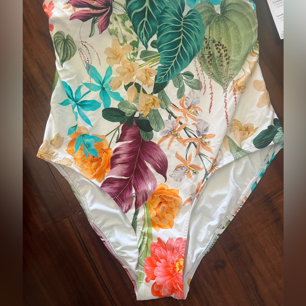 New Jantzen woman One-Piece Swimsuit in White with Tropical Floral Print size 12 - Picture 9 of 15